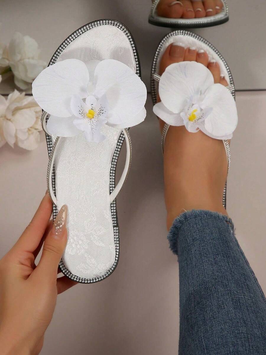 优雅法式3D立体花卉装饰凉鞋，休闲可爱仙女风通勤派对涤纶花卉贴花装饰，温柔甜美平底拖鞋，适合海滩、婚礼、办公室、居家、户外、夏季穿着