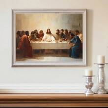 1幅带框/不带框的《最后的晚餐》复古基督教帆布海报，耶稣与十二门徒油画，宗教复古墙面艺术印刷品，适用于公寓、客厅、卧室、现代家居装饰 - A - 查看 3