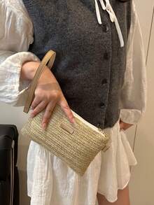 Women's Fashion Minimalist Woven Square Handbag, Shoulder Bag, Phone Pouch - Khaki - View 7