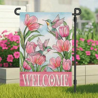 Charming Tulip & Hummingbird Welcome Spring Garden Flag - Double-Sided, Burlap, Floral Outdoor Decor For Yard And Patio, 12x18 Inches