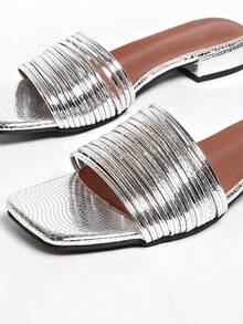 Sandalias minimalistas francesas! Sandalias de tacón alto con tira delgada y punta cuadrada, diapositivas de mula de verano para mujer - Plateado - Ver 6