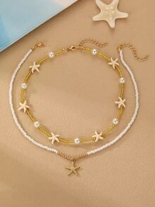 2pcs/Set Girls Pearl & Seed Bead Starfish Necklace Set, Suitable For Daily Decoration - Gold - View 1