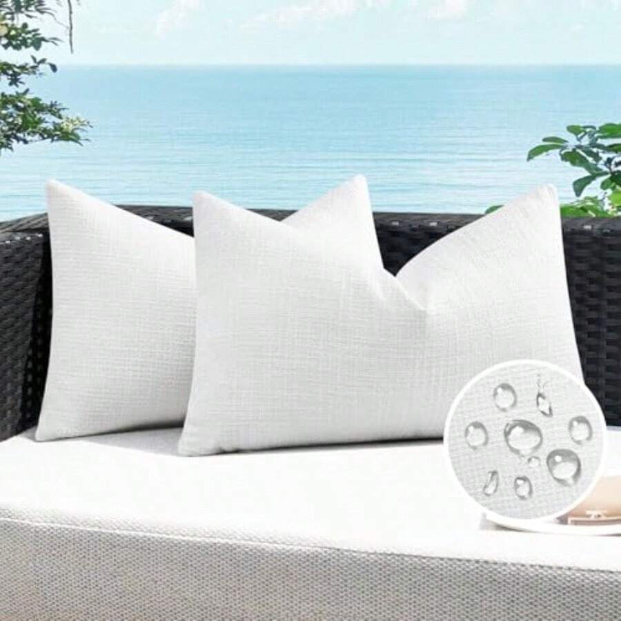 Artscope - Fundas de almohada impermeables para exteriores 12 x 20 pulgadas decorativas de lino para exteriores funda de cojín para patio sofá color blanco - Blanco puro - Ver 1