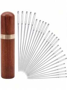 25 piezas Juego de agujas de coser a mano de ojo grande - Para punto de cruz, cuero y bordado, viene con estuche de madera de rosa para un almacenamiento fácil - C-marrón - Ver 1