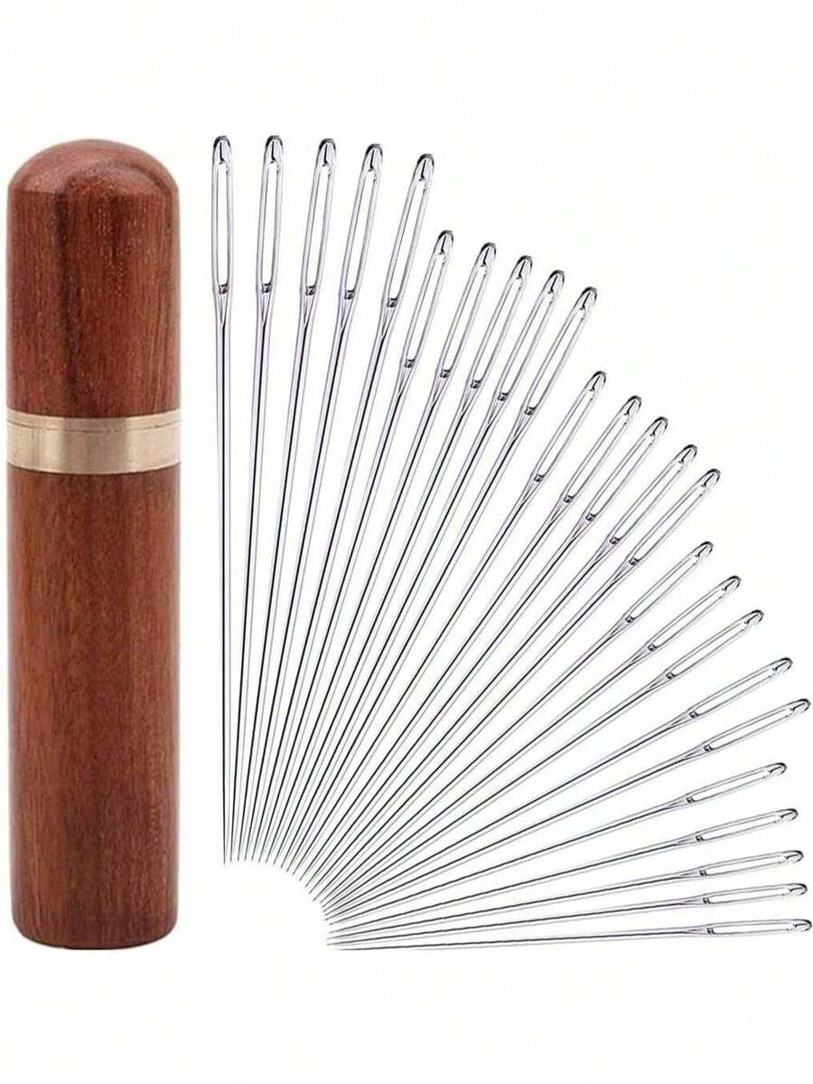 25 piezas Juego de agujas de coser a mano de ojo grande - Para punto de cruz, cuero y bordado, viene con estuche de madera de rosa para un almacenamiento fácil - C-marrón - Ver 1