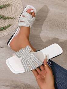 Women's Rhinestone Embellished Luxury Flat Slide Sandals, Fashion Casual Strap Outdoor Slippers For Spring/Summer, Comfortable Flat Heel Round Toe Beach Shoes - 白色 - 查看 3