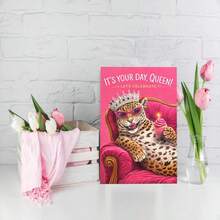 1Pc Cute Special Occasion Celebration Card Designed Specifically For Women, Featuring A Fun Leopard Print Pattern Of Wearing A Crown, Fashionable Glasses, And Holding A Cupcake, With A Pink Sofa As The Background, And A Birthday Card - 18*13cm - View 8