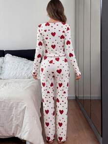 Dreamivo Ruched V-Neck Patchwork Heart Print Long Sleeve Top & Pants Two Pieces Sets - Red - View 5