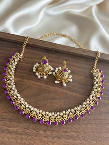 Bộ trang sức 3 món sang trọng đính ngọc trai giả, gồm vòng cổ choker pha lê nhiều màu sắc và bông tai mặt dây chuyền tua rua, thích hợp cho phụ nữ dự tiệc, cưới hoặc mặc hàng ngày. - Mặt dây chuyền ngọc trai - Xem 3