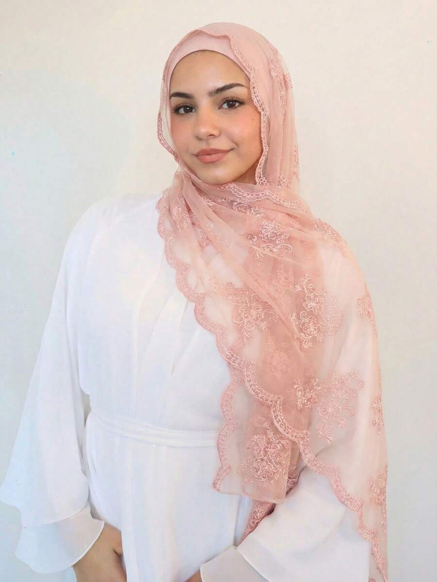 1pc Women's Solid Color Embroidered Floral Hijab Scarf, Contrast Color Floral Embroidery Elegant Fan-Shaped Embroidered Edge, Lightweight Breathable Soft Style, Multifunctional Headscarf, Suitable For Daily Use As Scarf, Waistband, Shawl, Wedding Veil - Multicolor Wavy Edge Embroidery - View 1