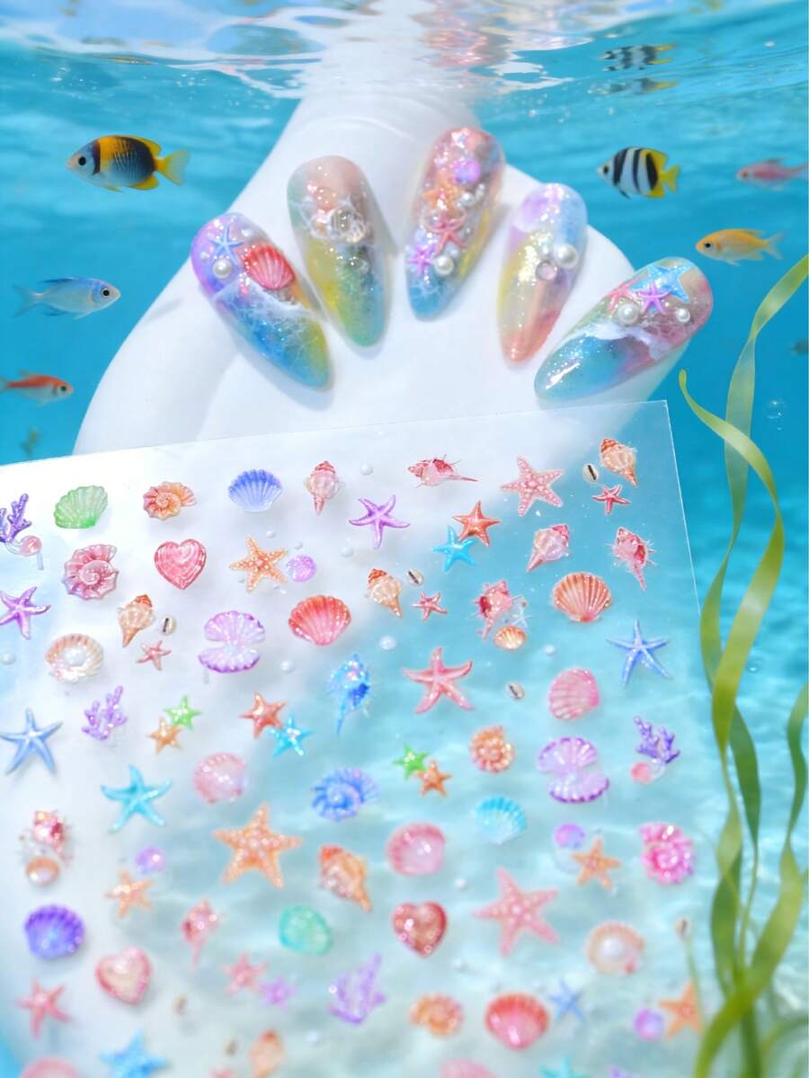 Summer Shell Wave Embossed Nail Stickers, Starfish, Dreamlike Ocean, Seashell Mini Designs - Multicolor - View 1