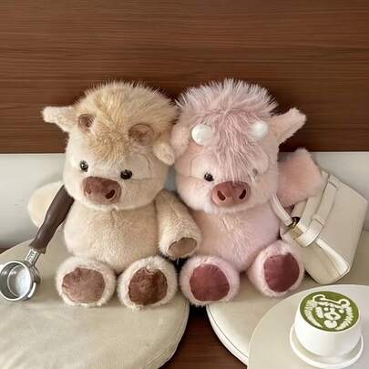 40cm (15.74 Inches) Cute Plush Highland Cow Toy, Designed In Pink, White And Light Brown, Creative Gift For Children's Birthday Party, Home Decor, Girls' Room Decor, Collectible