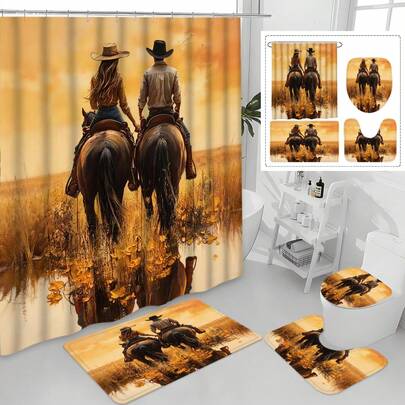 1/4件套西部牛仔情侣图案防水浴帘套装，宁静舒缓，防水防霉，加厚涤纶材质，免打孔安装，防滑浴垫，吸水马桶垫，数码印花，不易褪色，可机洗，四季皆宜，节日限量版