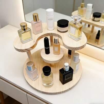 1pc Wooden Tiered Perfume Organizer Rack, Wooden Display Shelf For Teaware Set And Decorations, Makeup Cosmetic Organizer Suitable For Vanity, Beach House, Bathroom, Bedroom, Also Suitable As Father's Day Gift (Natural Wood/Walnut Color)