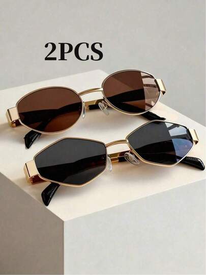 2 Cặp kính gọng kim loại hình bầu dục thời trang, phong cách retro, phù hợp sử dụng hàng ngày, đi biển, du lịch, chụp ảnh đường phố, thiết kế cá tính, unisex