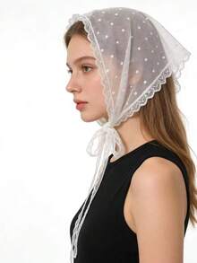 1件波点可爱涤纶（聚酯纤维）网纱蕾丝三角围巾，百搭简约新娘头巾，四季皆宜 - 白色 - 查看 4