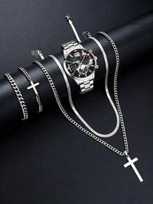 时尚银珠链条手链项链套装，不锈钢表带带日历功能的腕表，最佳日常佩戴腕表，青少年生日礼物佳选 - 銀色 - 查看 7