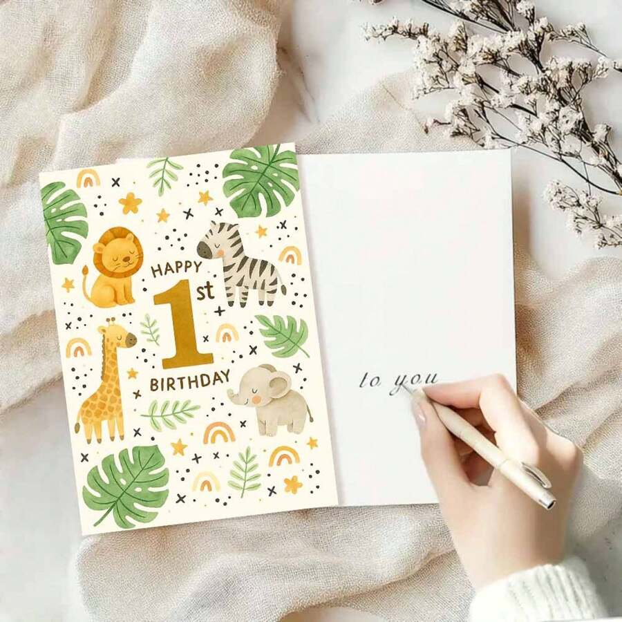 1/3 Sets Cute Animal Theme 1st Birthday Greeting Cards With Envelopes, Featuring Illustrations Of Lion, Giraffe, Zebra, Elephant And Tropical Leaves, Perfect Memento For Friends, Birthday Or Special Celebration - Multicolor - View 1