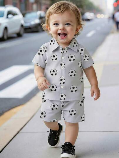 Bộ quần áo bóng đá mùa hè cho bé trai 0-3 tuổi, áo polo in hình bóng đá toàn thân + quần short cùng màu, thích hợp cho trường mẫu giáo, đi dạo ngoài trời, dã ngoại gia đình, thoáng khí và bền chắc.