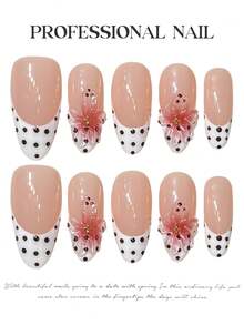 10 móng giả dán thủ công kiểu Pháp chấm bi, màu nude với hoa hồng 3D, hình oval cỡ trung bình, hoàn hảo cho sử dụng hàng ngày, kèm keo dán và dũa móng, dụng cụ làm móng DIY. - Nhiều màu - Xem 5