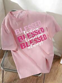 Camiseta de manga corta con cuello redondo y estampado de letras "Always", elegante y casual para el verano, versátil para el uso diario y el transporte - Rosa - Ver 5