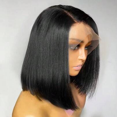13x4 Lace Front Bob Wigs Human Hair 180 Density Transparent Lace Bob Wig For Women 14 Inch Short Straight Bob Lace Wigs Pre Plucked Straight Bob Wig Natural Color