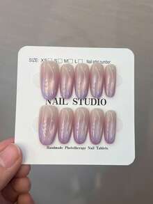 10片/套 手工制作 Y2K 3D 凝胶杏仁淡紫色法式压贴美甲，带有淡紫色水晶猫眼和渐变设计，粉色少女风格，完美贴合的亚克力假指甲套装，包括1瓶果冻胶和1个指甲锉，可爱的手工美甲用品，适合女性和女孩日常派对和聚会使用。 - 紫丁香色 - 查看 4