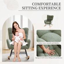 Silla basculante Planeador de guardería, respaldo alto moderno tapizado con peluche, reposabrazos y bolsillos laterales para dormitorio, sala de estar y ángulo de lectura - Verde - Ver 5