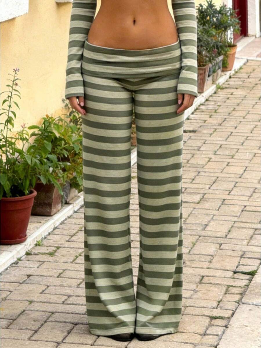 Women's Striped Fold Waist Wide Leg Pants Lightweight Comfy Stretchy Loose Lounge Pajama Pants - 綠色 - 查看 1