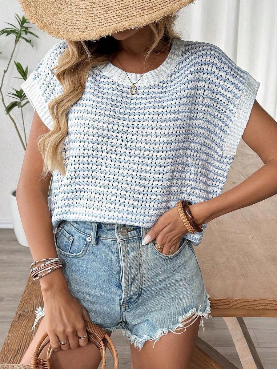 Elegant Women's Fashion Knit Top, Casual Resort Spring/Summer Colorblock Striped Round Neck Sleeveless Lace Knit Regular Loose T-Shirt, Women's Tank Top Beach Resort Valentine's Day Sweater, Women's Blouse Back To School Autumn/Winter, Suitable For Christmas, Thanksgiving And New Year Occasions Vacation - Bệnh xanh tím mới - Xem 1