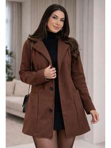 Women's Wool Overcoat, Long Sleeve, Elegant, Comfortable, Long Blouse, Autumn/Winter Fashion, Casual Coat, Formal Jacket - 鏽棕色 - 查看 2