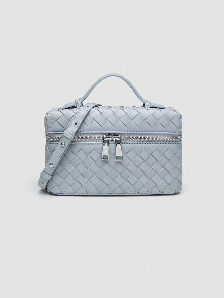 1 buah Tas Selempang Persegi PU Anyaman Warna Polos, Cocok untuk Padu Padan Fashion Sehari-hari Wanita dan Acara Jalan-jalan - Baby Blue - View 1