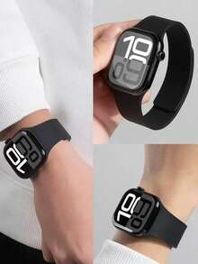 1pc Unisex Litchi Texture Silicone Magnetic Watch Band, Compatible With Apple Watch 42mm, 38mm, 40mm, 41mm, 44mm, 45mm, 46mm, 49mm, Fashionable Smart Watch Replacement Strap For Series Ultra2, Ultra SE2, SE 11, 10, 9, 8, 7, 6, 5, 4, 3, 2, 1 - Black - View 5