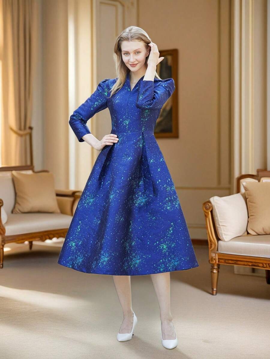 DEVCHATA High-Quality Women's Elegant Long Jacquard Formal Dress, Asymmetric Puff Sleeves, Woven Fabric Evening Gown, Random Pattern Placement