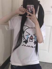 2026 Summer New Arrival Casual Loose Graffiti Crying Cat Print T-Shirt, Cute Anime Style Soft Moe Kawaii Sweet Student Girl Short Sleeve Top - White - View 2