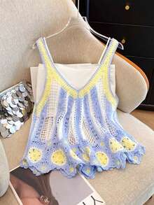 Women's Fashion Crochet Hollow V-Neck Sleeveless Knit Vest - Multicolor - View 1