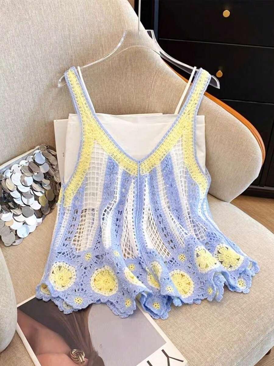 Women's Fashion Crochet Hollow V-Neck Sleeveless Knit Vest - Multicolor - View 1
