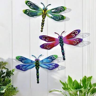 3件套亚克力蜻蜓墙饰 - 户外花园围栏、客厅装饰、庭院艺术 -