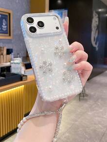 Luxury Rhinestone Flower Pearl Butterfly Shell Pattern Phone Case + Rhinestone Chain Strap, Suitable For IPhone 17 Pro Max/16/15/14/13/12/11, Pearl Rhinestone Phone Lanyard - Multicolor - View 3