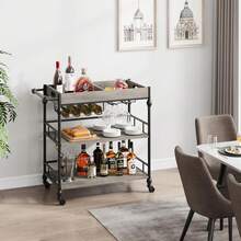 Carrito de barra de metal de 3 niveles - estante de vino, soporte de vidrio, bandeja extraíble - carro móvil de servicio de metal para cocina, comedor, sala de estar, bar de casa - Gris - Ver 7