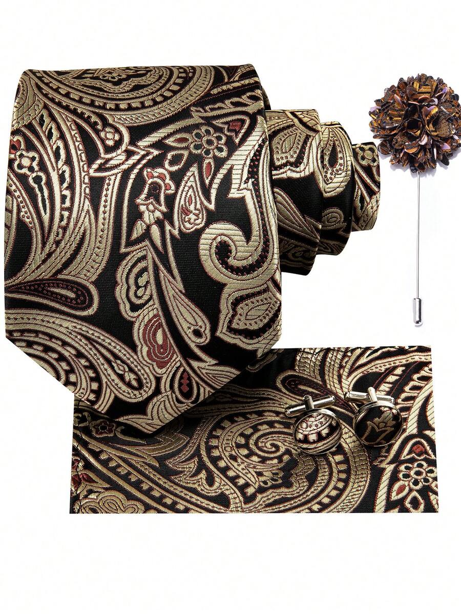 Ensemble cravate jacquard floral brun doré avec pochette carrée et boutons de manchette, cravate de soirée haut de gamme pour occasions formelles, accessoires, festival - Rose cuivré - Voir 1