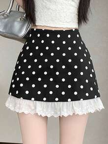 Bộ sưu tập thời trang nữ Xuân/Hè mới, chân váy chữ A với viền ren xếp tầng và họa tiết hoa chấm bi. - màu đen - Xem 1