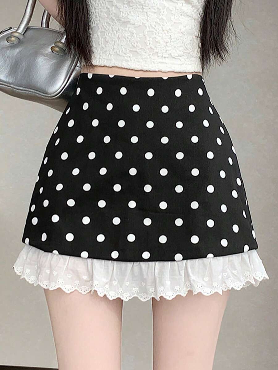 Bộ sưu tập thời trang nữ Xuân/Hè mới, chân váy chữ A với viền ren xếp tầng và họa tiết hoa chấm bi. - màu đen - Xem 1