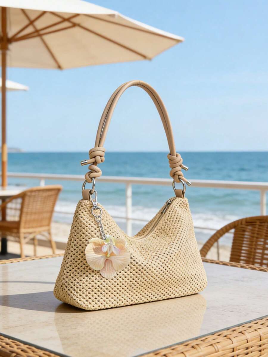 女士轻便编织草编包，配波西米亚风蝴蝶兰花钥匙扣，钩针网眼包，沙滩单肩包，复古度假极简手提包，可手提可斜挎，高端休闲时尚风格，沙滩主题包，腋下包，适合外出、度假、聚会、通勤、生日和节假日、春夏海滩度假、母亲节、教师节、返校季等场合。 - 彩色 - 查看 1