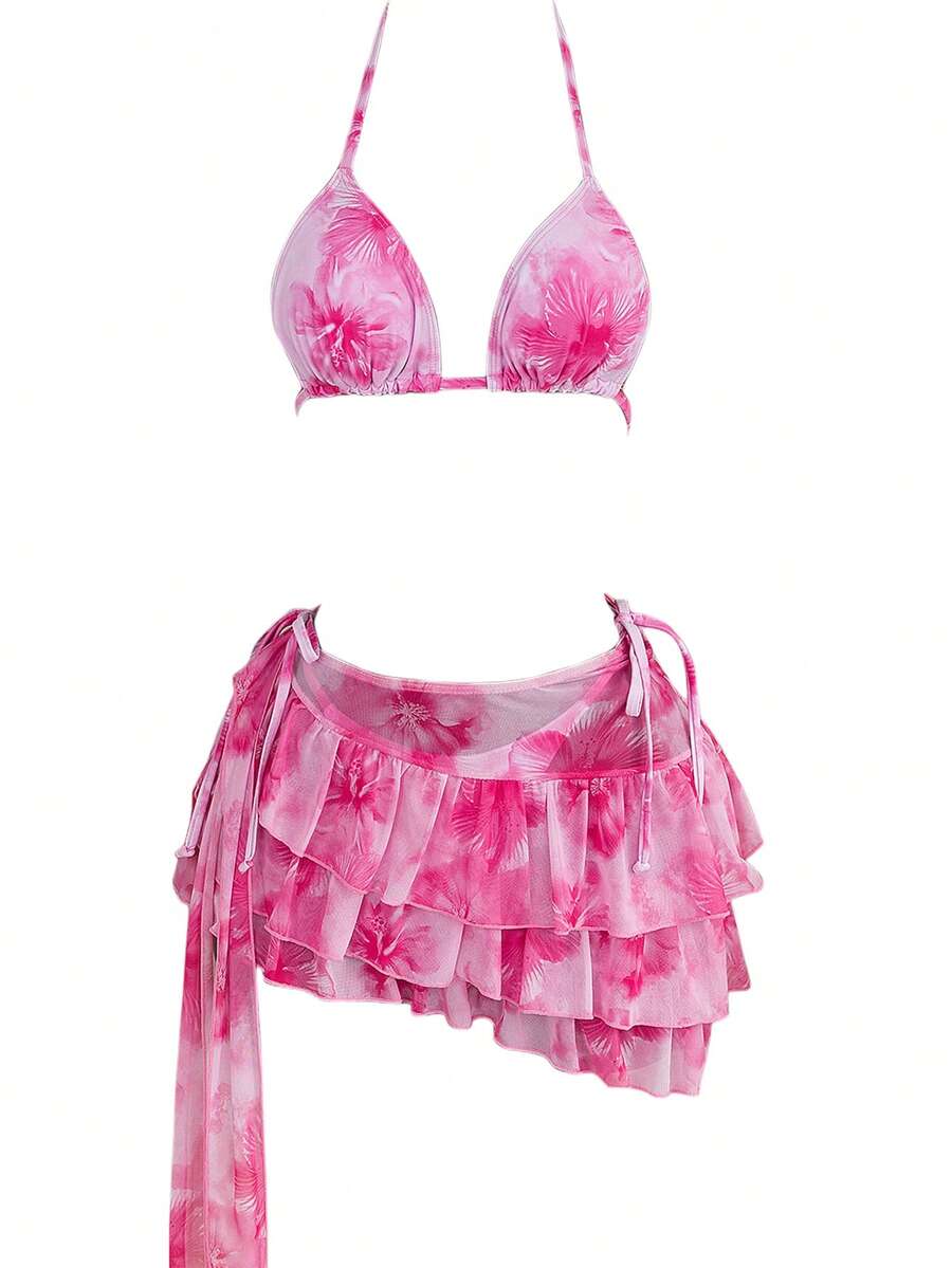 Sweetra 3pcs Watercolor Floral Print Halter Bikini Top, Tie Side Bikini Bottom, And Sarong Skirt Swimsuit Set, Summer Vacation - Multicolor - View 1