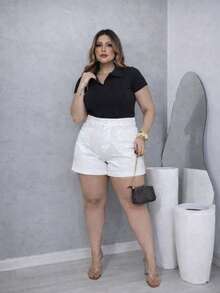 T-Shirt, Polo Shirt, Ribbed Cotton Shirt, Comfortable, Elegant, Everyday Casual, Plus Size. - Black - View 3