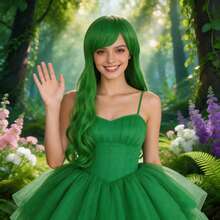 Vibrant Green Long Wavy Cosplay Wig With Bangs For Women - Premium Heat-Resistant Synthetic Fiber, Natural Curly Ends, Full And Fluffy Style -Perfect For St. Patrick's Day, Anime Cosplay, Holiday, Comic Con, Party Costume And Daily Fashion. Natural Looking, Easy To Style And Maintain, Adjustable Breathable Cap Fits Most Head Sizes, Great Gift For Birthday - Multicolor - View 3