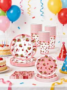 10pcs Cherry Theme Party Disposable Tableware Set, Including Plates, Cups And Napkins, Suitable For 10 Guests, Children's Party, Picnic, Wedding, Tea Party - Multicolor - View 8