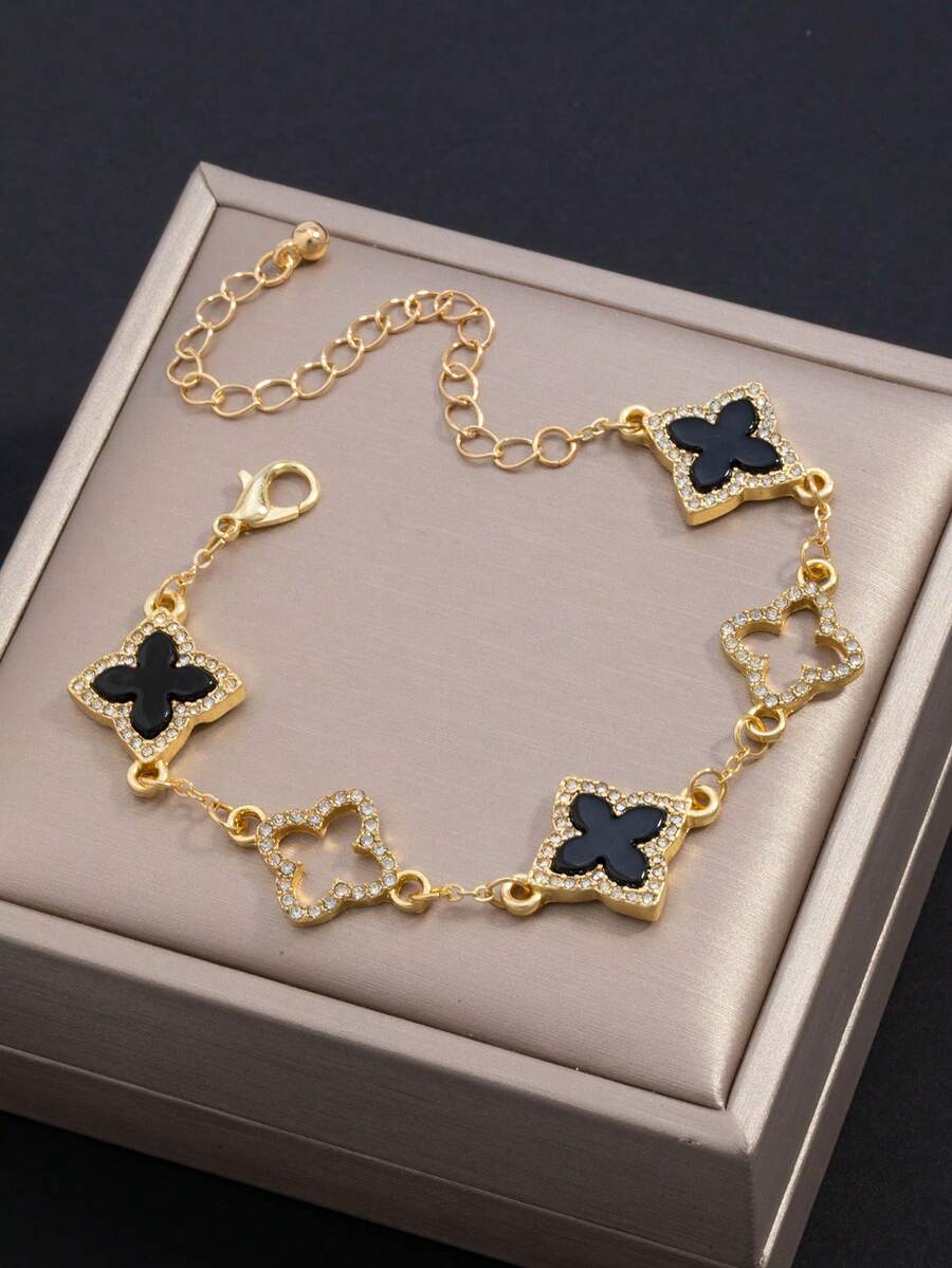 1pc Lucky 5-Leaf Clover Bracelet, Casual & Business Style Gift For Men - Black - View 1