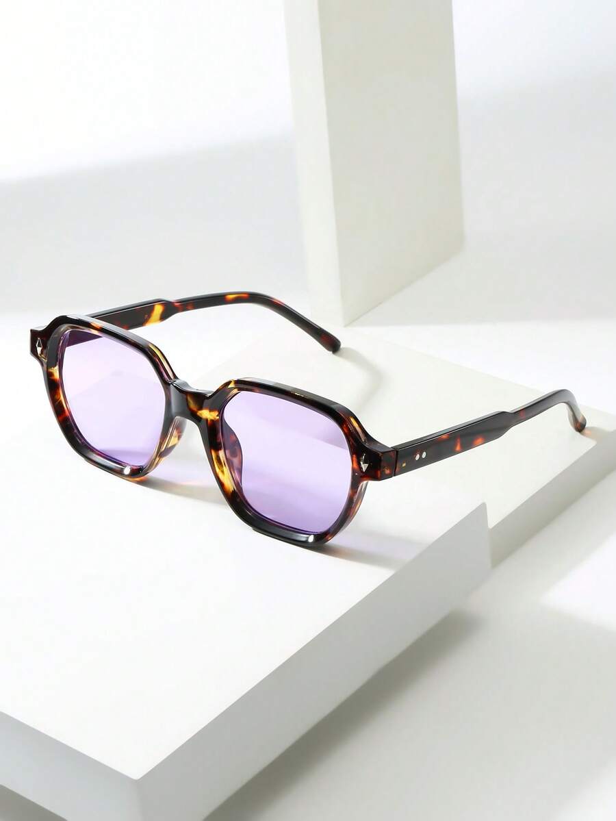 1 chiếc kính thời trang unisex gọng dày hình đa giác bất đối xứng, màu xanh lá cây hơi trong suốt, phù hợp cho việc đi lại hàng ngày và các dịp thường nhật. - Khung mai rùa viên thuốc màu tím - Xem 1